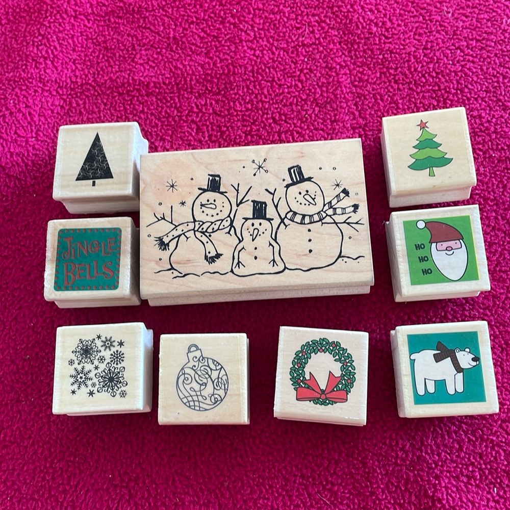 Assortment of rubber Christmas stamps. snowman, trees, santa, wreath